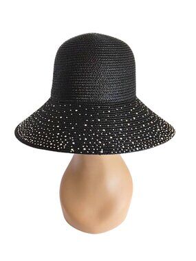 WOMEN'S BLACK STRAW WIDE BRIM HAT W/ SILVER CRYSTALS - SIZE OS